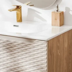 Mobile bagno sospeso 120cm con lavabo, specchio, colonna e 3 pensili beige rovere Swim