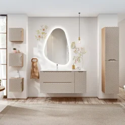 Mobile bagno sospeso 120cm con lavabo, specchio, colonna e 3 pensili beige rovere Swim