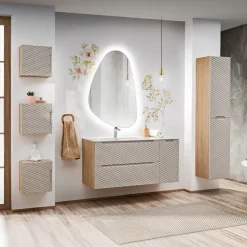 Mobile bagno sospeso 120cm con lavabo, specchio, colonna e 3 pensili beige rovere Swim