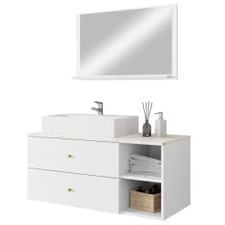 Mobile bagno sospeso 100cm con lavabo e specchio 2 cassetti bianco Krom