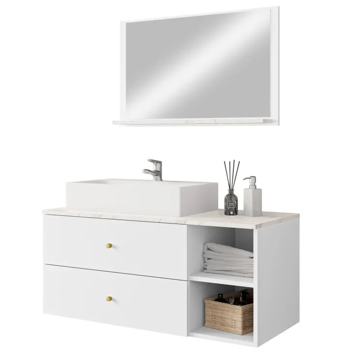 Mobile bagno sospeso 100cm con lavabo e specchio 2 cassetti bianco Krom