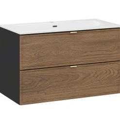 Mobile bagno sospeso 80cm con lavabo 2 cassetti noce Walnuts