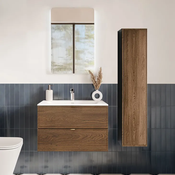 Mobile bagno sospeso 80cm con lavabo 2 cassetti noce Walnuts