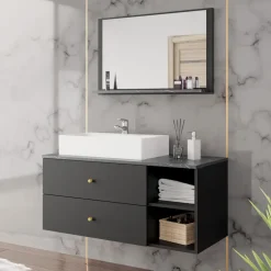 Mobile bagno sospeso 100cm con lavabo e specchio 2 cassetti nero Krom