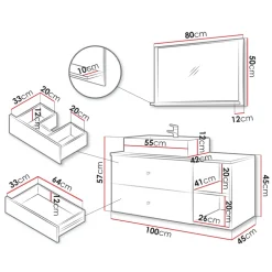 Mobile bagno sospeso 100cm con lavabo e specchio 2 cassetti nero Krom