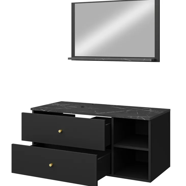 Mobile bagno sospeso 100cm con lavabo e specchio 2 cassetti nero Krom