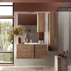 Mobile bagno sospeso 100cm con lavabo e specchio rovere scuro Alvarez