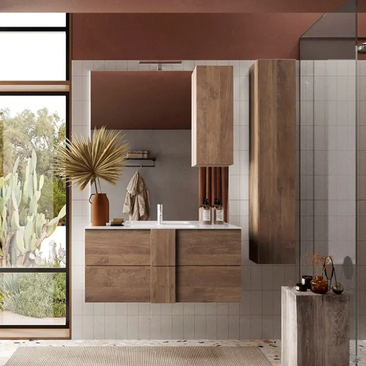 Mobile bagno sospeso 100cm con lavabo e specchio rovere scuro Alvarez