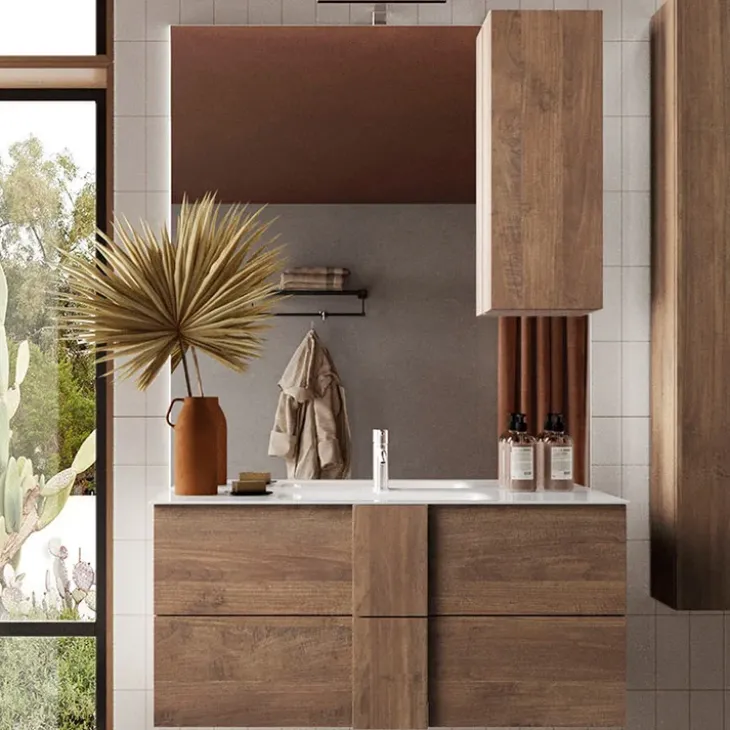 Mobile bagno sospeso 100cm con lavabo e specchio rovere scuro Alvarez