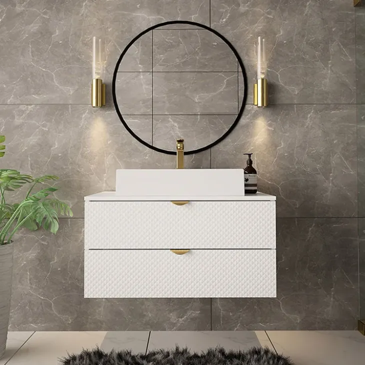 Mobile bagno sospeso 80cm con lavabo 2 cassetti bianco Hakone 4