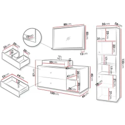 Mobile bagno sospeso 100cm con lavabo, specchio e colonna bianco Krom