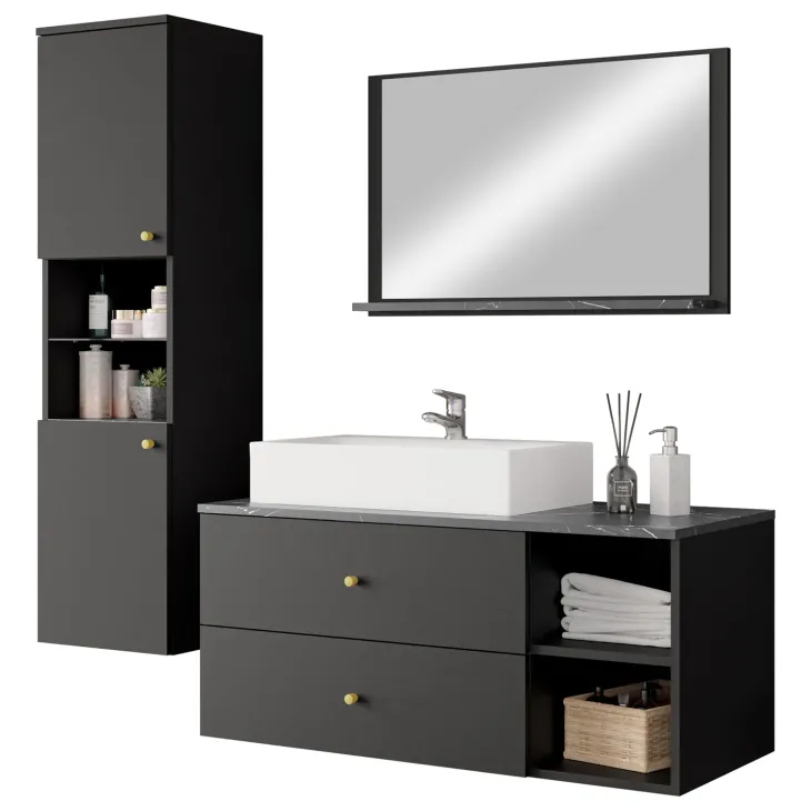 Mobile bagno sospeso 100cm con lavabo, specchio e colonna nero Krom