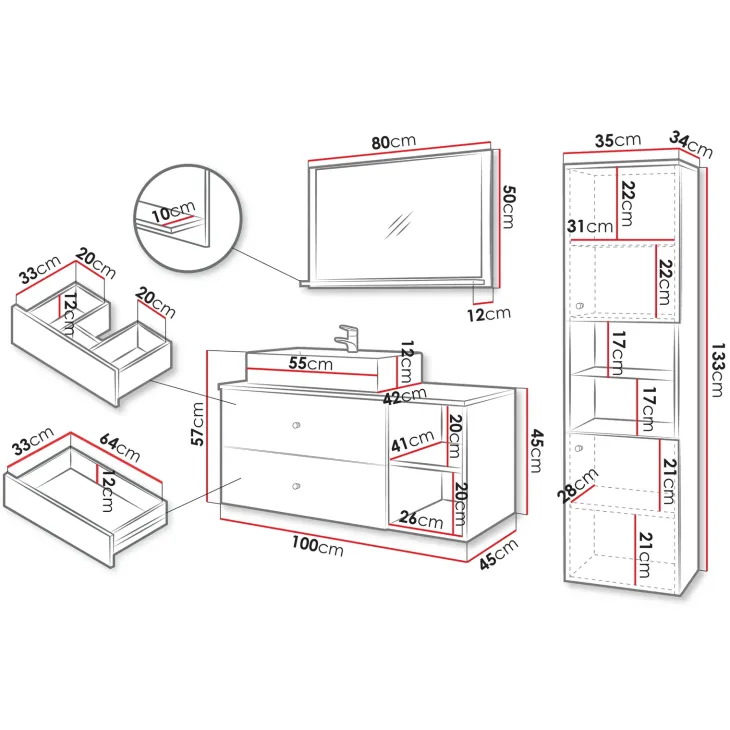 Mobile bagno sospeso 100cm con lavabo, specchio e colonna nero Krom
