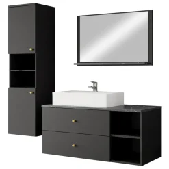 Mobile bagno sospeso 100cm con lavabo, specchio e colonna nero Krom
