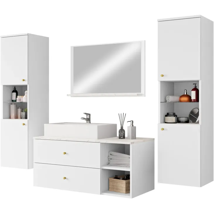 Mobile bagno sospeso 100cm con lavabo, specchio e 2 colonne bianco Krom