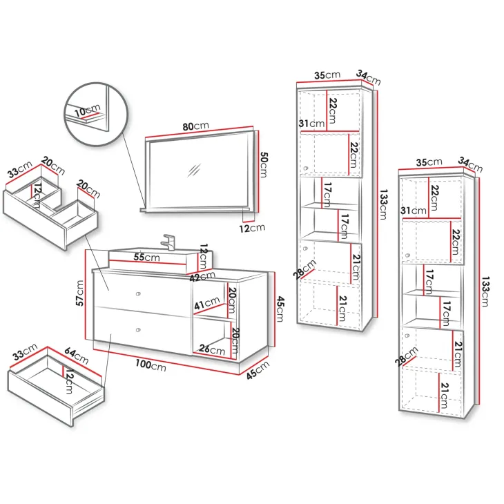 Mobile bagno sospeso 100cm con lavabo, specchio e 2 colonne bianco Krom