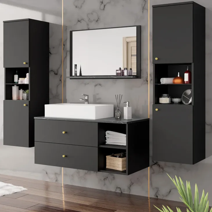 Mobile bagno sospeso 100cm con lavabo, specchio e 2 colonne nero Krom