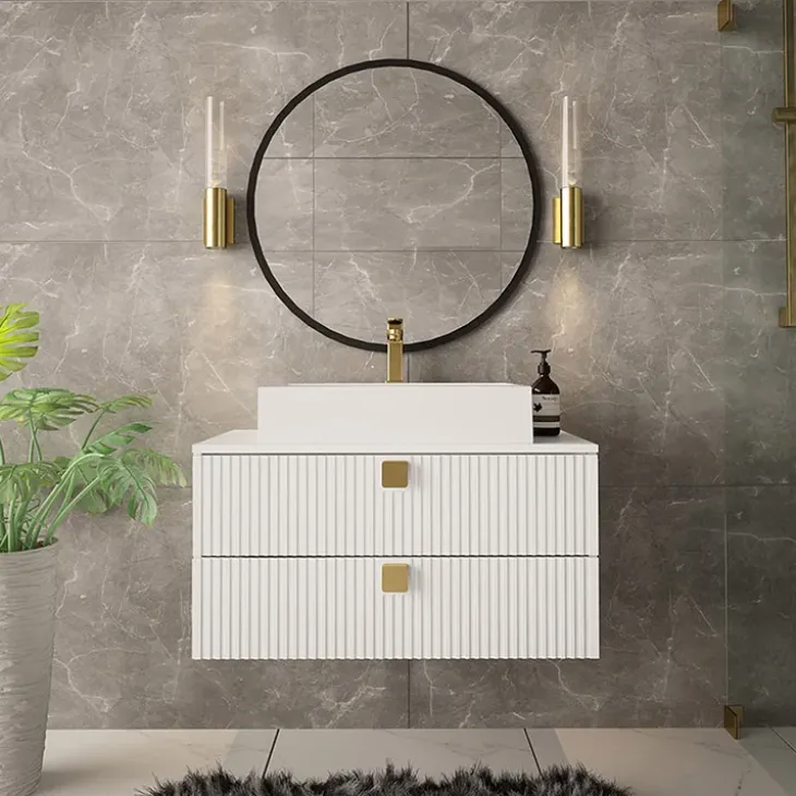 Mobile bagno sospeso 80cm con lavabo 2 cassetti maniglie oro bianco Bursa 4