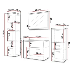 Mobile bagno sospeso 60cm con lavabo, specchio e colonne bianco lucido Loretta