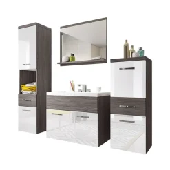 Mobile bagno sospeso 60cm con lavabo, specchio e colonne bianco lucido grigio scuro Loretta