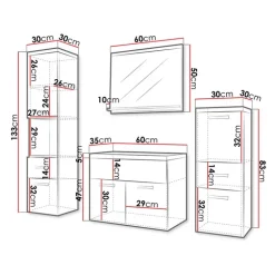 Mobile bagno sospeso 60cm con lavabo, specchio e colonne bianco lucido grigio scuro Loretta