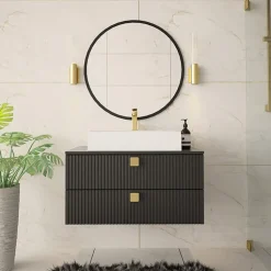 Mobile bagno sospeso 80cm con lavabo 2 cassetti maniglie oro nero Bursa 4