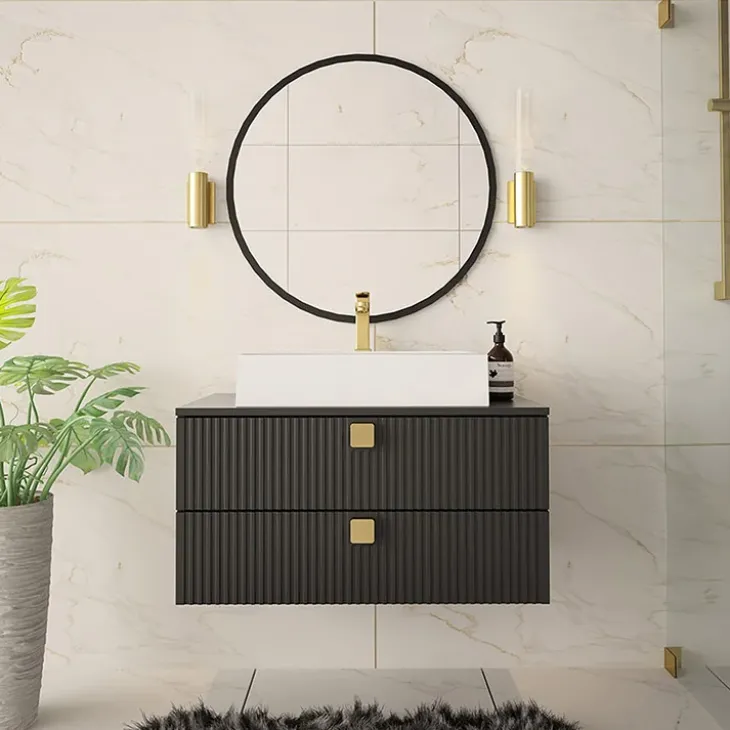 Mobile bagno sospeso 80cm con lavabo 2 cassetti maniglie oro nero Bursa 4
