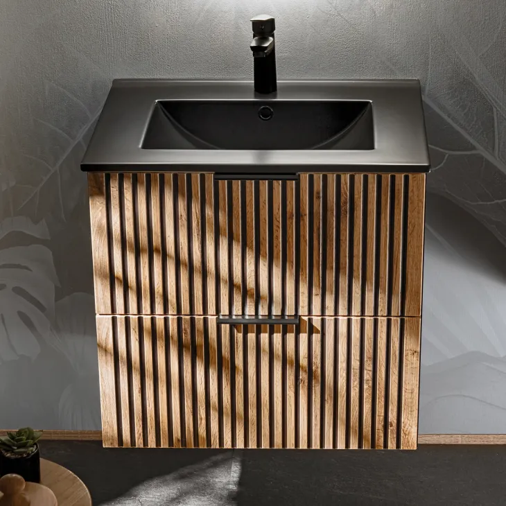 Mobile bagno sospeso 60 cm con lavabo nero da incasso quercia antracite Limpid