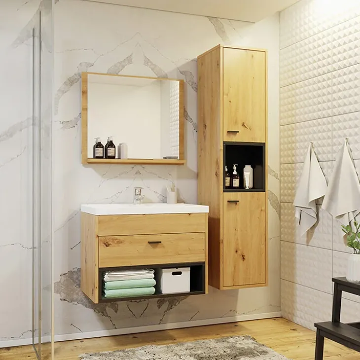 Mobile bagno sospeso 60cm con lavabo, specchio e colonna moderno rovere nero Florentina