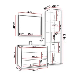 Mobile bagno sospeso 60cm con lavabo, specchio e colonna moderno rovere nero Florentina