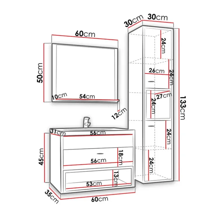 Mobile bagno sospeso 60cm con lavabo, specchio e colonna moderno rovere nero Florentina