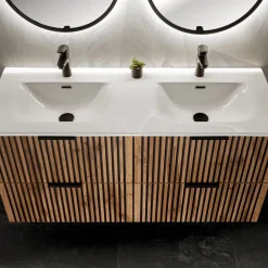 Mobile bagno sospeso 120 cm con 2 lavabi da incasso, 2 specchi e colonna quercia antracite Limpid