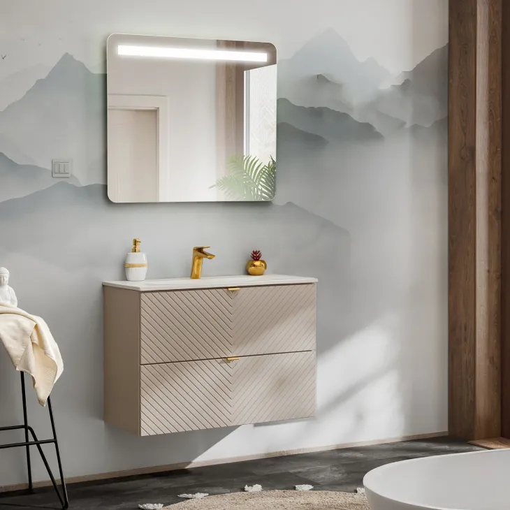 Mobile bagno sospeso 80cm con lavabo 2 cassetti beige cashmere Neutry