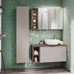 Mobile bagno sospeso 100cm con lavabo, mobile specchio e colonna grigio quercia Serif