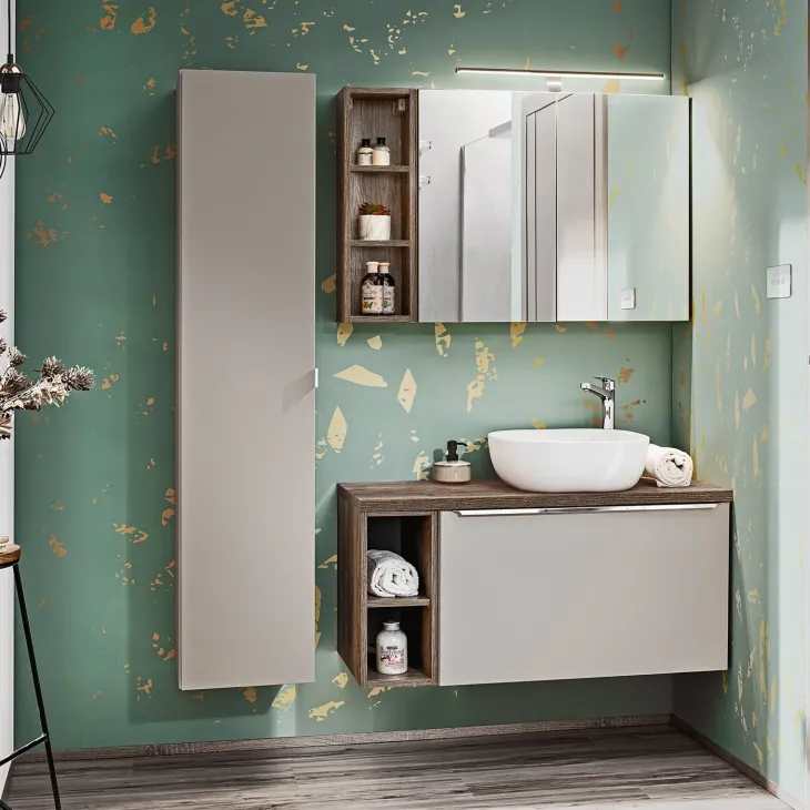 Mobile bagno sospeso 100cm con lavabo, mobile specchio e colonna grigio quercia Serif
