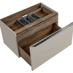 Mobile bagno sospeso 100cm con lavabo, mobile specchio e colonna grigio quercia Serif