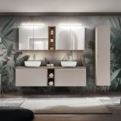 Mobile bagno sospeso 180cm con 2 lavabi, 2 mobili specchio e colonna grigio quercia Serif