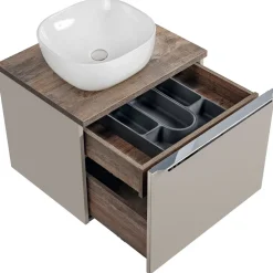 Mobile bagno sospeso 60cm con lavabo, mobile specchio e colonna grigio quercia Serif