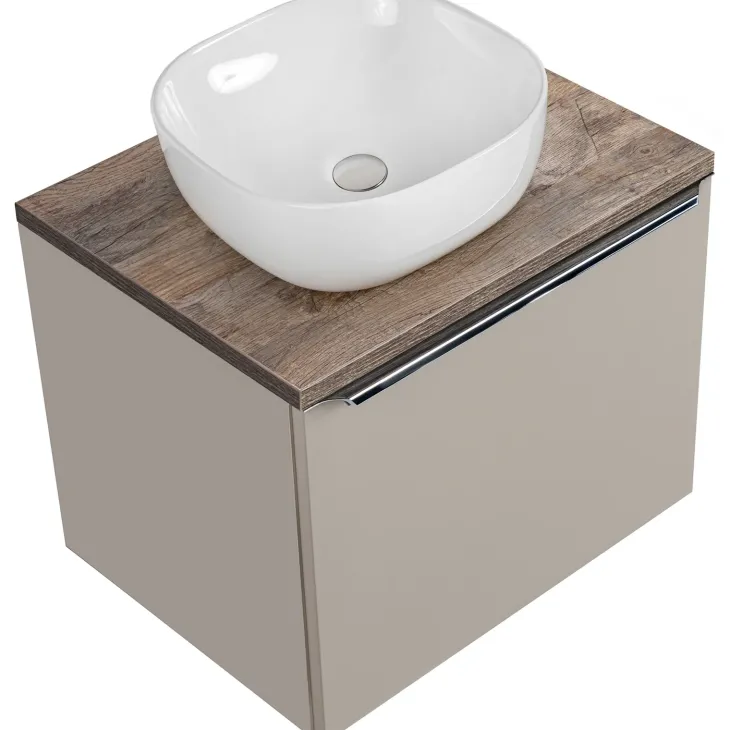 Mobile bagno sospeso 60cm con lavabo, mobile specchio e colonna grigio quercia Serif