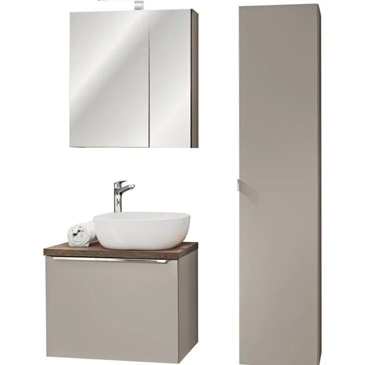 Mobile bagno sospeso 60cm con lavabo, mobile specchio e colonna grigio quercia Serif