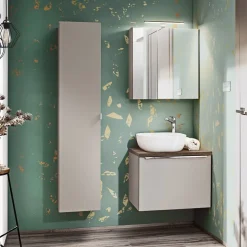 Mobile bagno sospeso 60cm con lavabo, mobile specchio e colonna grigio quercia Serif