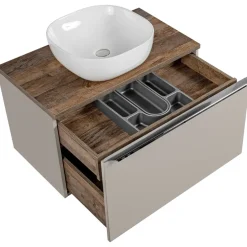 Mobile bagno sospeso 80cm con lavabo, mobile specchio e colonna grigio quercia Serif