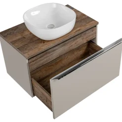 Mobile bagno sospeso 80cm con lavabo, mobile specchio e colonna grigio quercia Serif