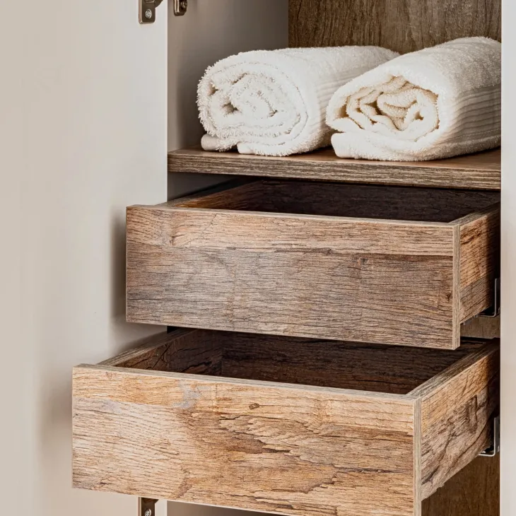 Mobile bagno sospeso 60cm con lavabo, mobile specchio, colonna e vani grigio quercia Serif
