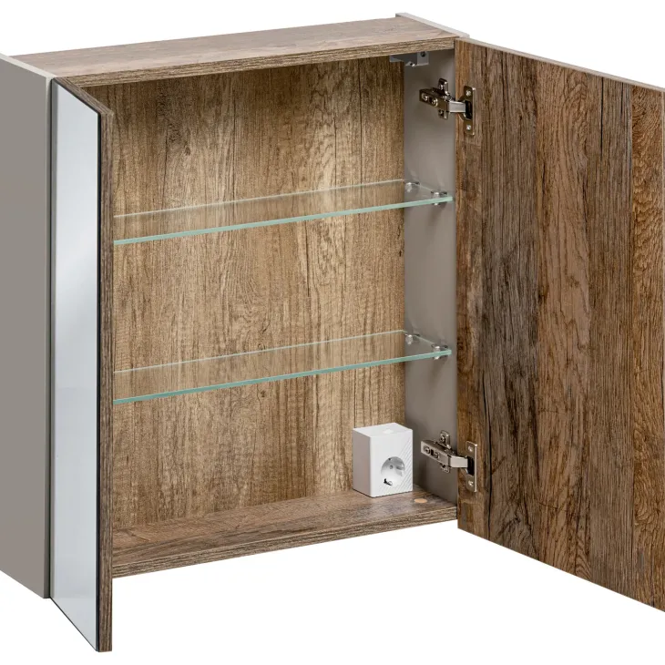 Mobile bagno sospeso 60cm con lavabo, mobile specchio, colonna e vani grigio quercia Serif
