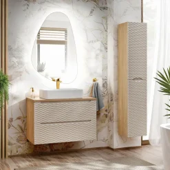 Mobile bagno sospeso 80cm con lavabo, specchio e colonna beige rovere Swim