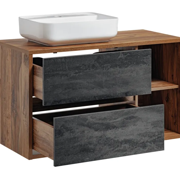Mobile bagno sospeso 100cm con lavabo, mobile specchio e colonna rovere antracite Stony