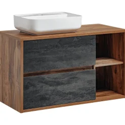 Mobile bagno sospeso 100cm con lavabo, mobile specchio e colonna rovere antracite Stony