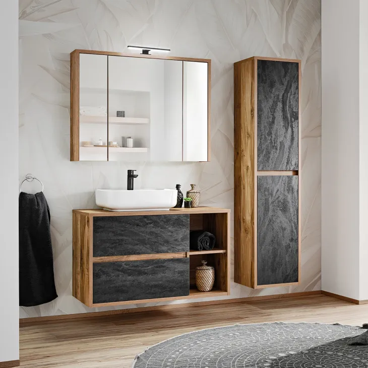 Mobile bagno sospeso 100cm con lavabo, mobile specchio e colonna rovere antracite Stony