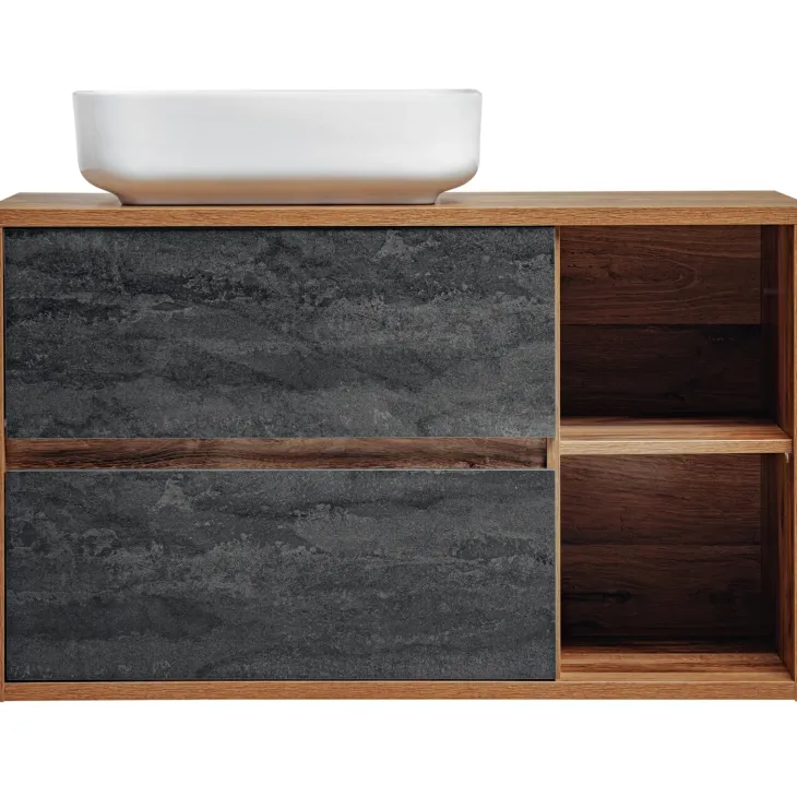 Mobile bagno sospeso 100cm con lavabo, mobile specchio e colonna rovere antracite Stony